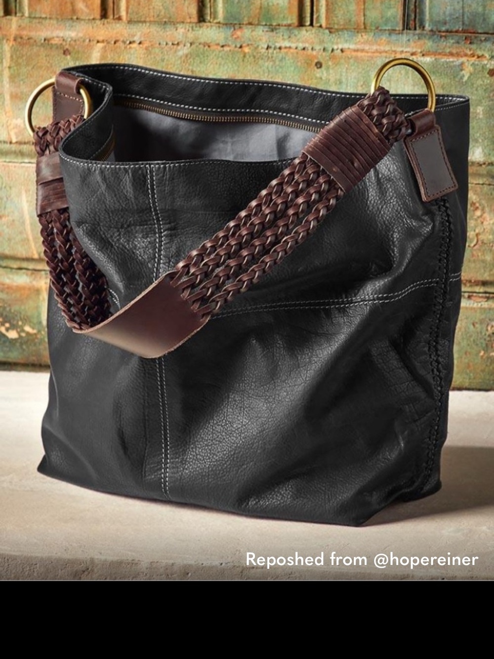 Leather Tote Bag with Braided Shoulder Strap - Black/Brown